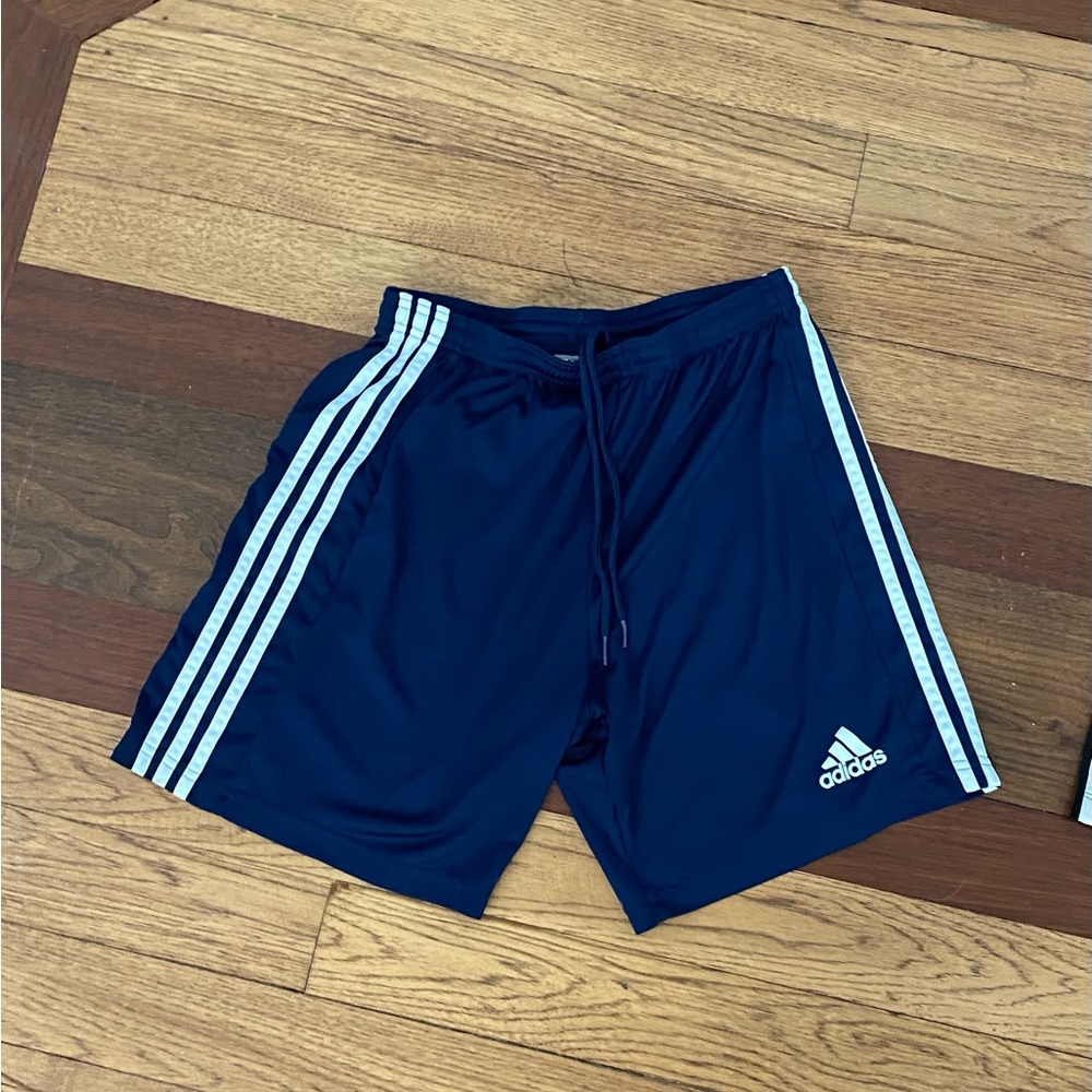 Adidas Blue and White Athletic Shorts with Signature Stripes